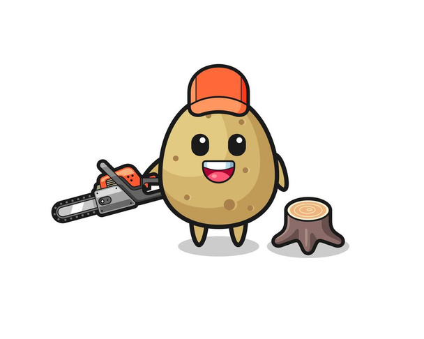 potato lumberjack character holding a chainsaw , cute design - Vektor, obrázek