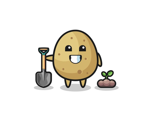 cute potato cartoon is planting a tree seed , cute design - Vektor, kép