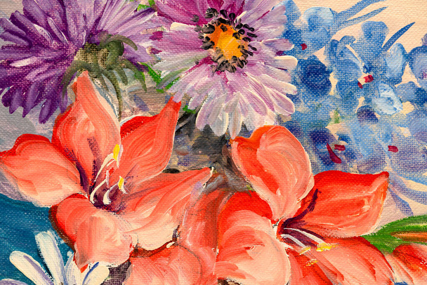 Detail van stilleven met de hand gemaakt olieverfschilderij met bloemen op doek, impressionistische stijl. - Foto, afbeelding