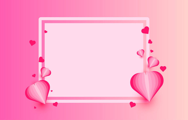 Paper cut elements in shape of heart on rectangular frame has free space.and pink sweet background. Vector symbols of love for Happy Valentine's Day, birthday greeting card design. - Vector, imagen