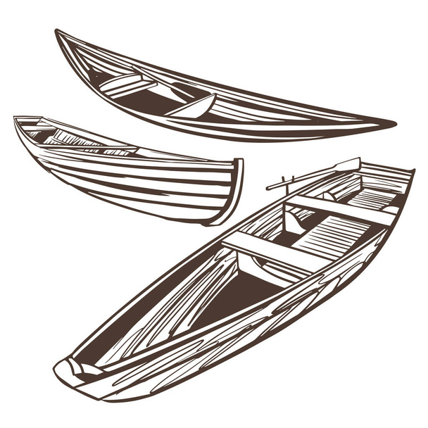 Sada dřevěných člunů s náčrtky. Retro dřevěné lodě pro rybaření a pěší - Vektor, obrázek