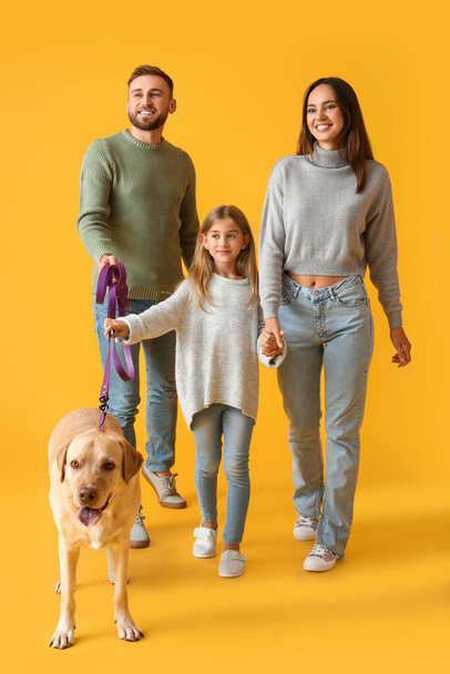 Happy rodiče s malou dcerou a roztomilé labrador pes na žlutém pozadí - Fotografie, Obrázek