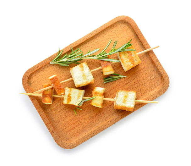 Board with grilled tofu cheese skewers on white background - Photo, Image