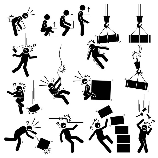 Warning sign, danger risk symbol, and safety precaution at workplace. Vector illustrations pictogram of manual handling, dangerous object things falling from above and dropping boxes hazard.  - Vetor, Imagem