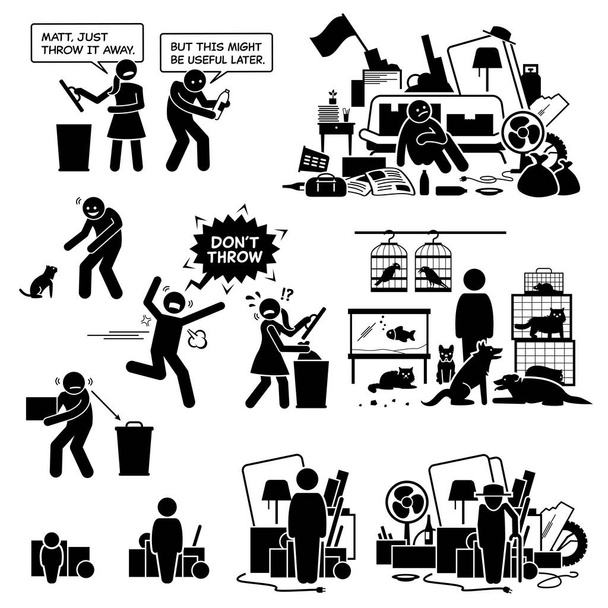 Obsessive compulsive disorder OCD. Hoarder hoarding mental disorder. Vector illustrations of hoarder suffering with hoarding obsessive compulsive disorder OCD by keeping too many things and animals. - Vector, Image