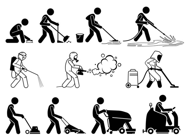 Commercial and industrial cleaning services worker with equipment. Vector illustrations of people sweeping, cleaning, washing, vacuuming, and disinfect for hygiene.  - Vektori, kuva