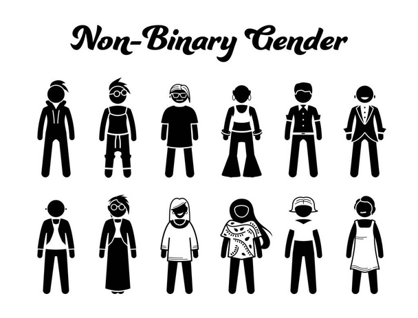 Nonbinary or non-binary gender character icon designs. Vector illustrations depicts human characters of nonbinary gender, LGBT, LGBTQ, transgender, gay, lesbian, queer man and woman fashion style.  - Вектор,изображение