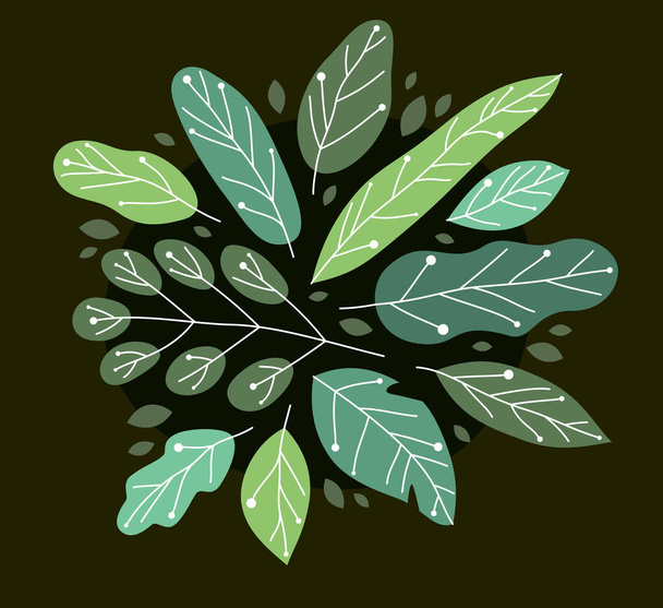 Beautiful fresh green leaves flat style vector illustration over rark, floral composition drawing, botanical design. - Вектор,изображение
