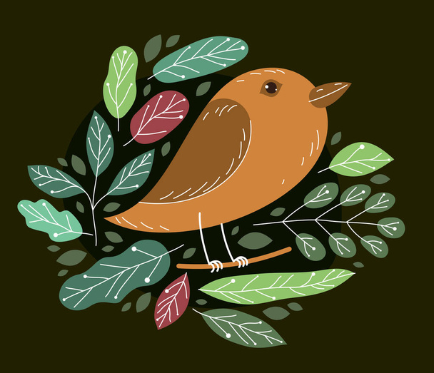 Small cute bird on a branch surrounded by leaves vector flat style illustration on dark background, beauty of nature concept. - Vettoriali, immagini