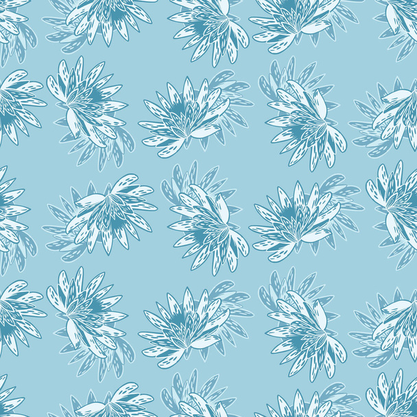 Απρόσκοπτη μοτίβο με το χέρι σχέδιο λωτού σε γαλάζιο φόντο. Vector floral template σε στυλ doodle. Απαλή καλοκαιρινή βοτανική υφή για ύφασμα, χαρτί περιτυλίγματος, ταπετσαρία. - Διάνυσμα, εικόνα