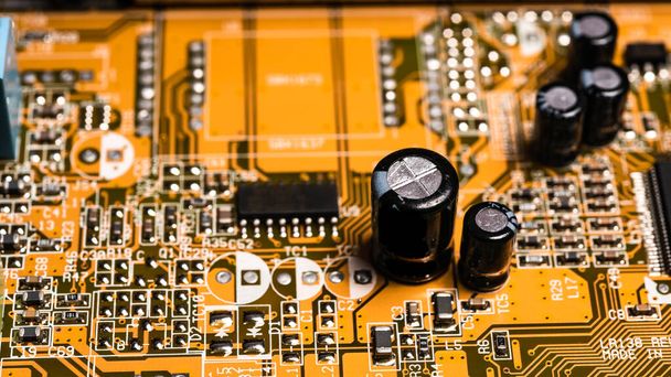 Computer electronic board with details, yellow, close-up - Фото, зображення