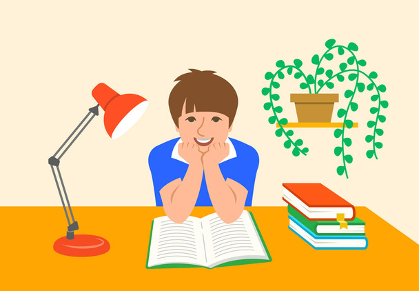 Little boy reading open paper book at the desk. Young book lover spends his free time with favorite book. Smart kid leisure activity. Schoolboy doing homework in his room. Flat vector illustration - Vettoriali, immagini