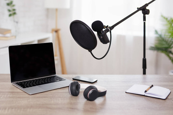 journalism, podcast and blogging concept - setup for recording podcast in home studio - Fotó, kép