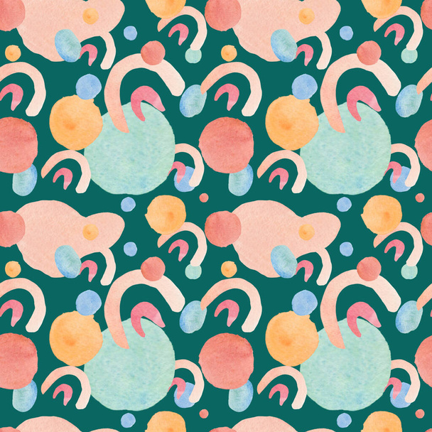 Seamless abstract pattern with pastel shapes on trendy green background. Watercolor, textural, repeating hand painted print. Designs for textile, fabric, wrapping paper, packaging, scrapbook paper. - Фото, изображение