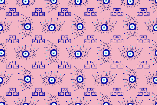 Isolated greek amulet evil eye seamless pattern.Turkish eye in a blue for amulet and protection in endless pattern. Vector illustration in a flat style. - Vector, afbeelding
