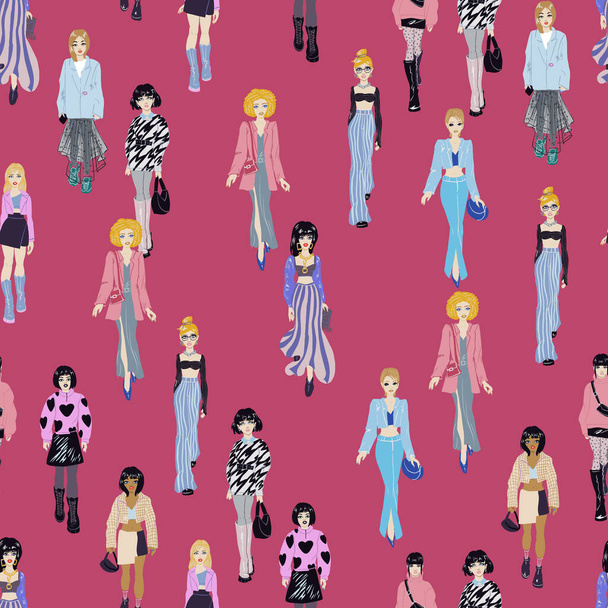 Seamless pattern. Women in trendy clothes. Fashion illustration. - Vector, Image