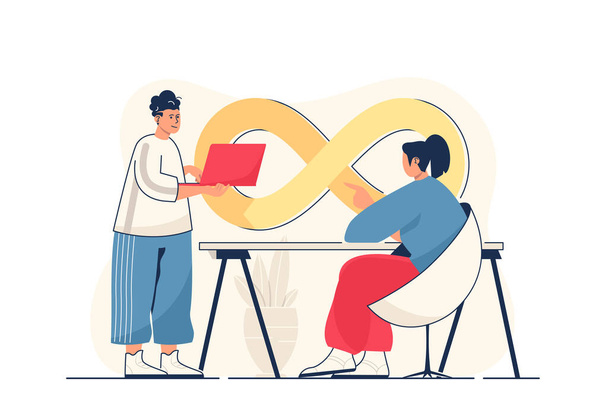 DevOps concept for web banner. Team collaborates on project, programming and management, teamwork communication, modern person scene. Illustration in flat cartoon design with people characters - Photo, Image