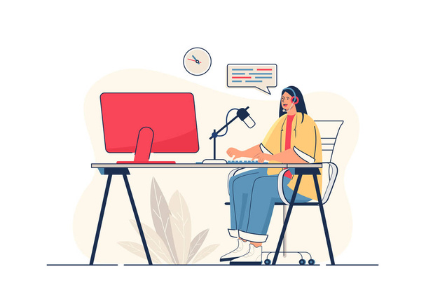 Podcast streaming concept for web banner. Woman with headphones speaks into microphone and broadcasts live, modern person scene. Illustration in flat cartoon design with people characters - Photo, Image