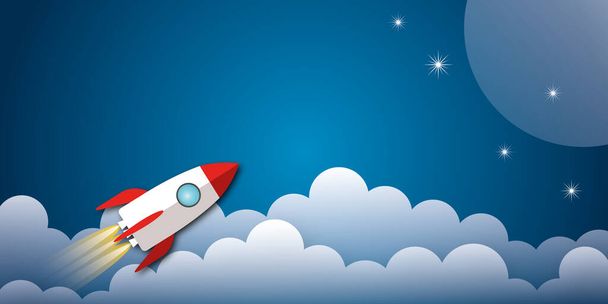 Rocket with clouds rising up the sky as metaphor for business and financial growth, Success and financial developing, Business growth concept, space for the text. paper cut design style. - Foto, afbeelding