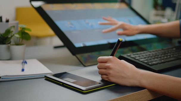 Close up of media specialist hands using graphic tablet - Photo, Image