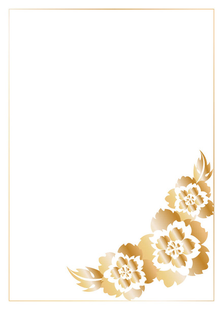 Rectangular frame-template, decorated in the corner with a bouquet of decorative flowers of golden peonies on a white background. Place for your text. - Vector, Image