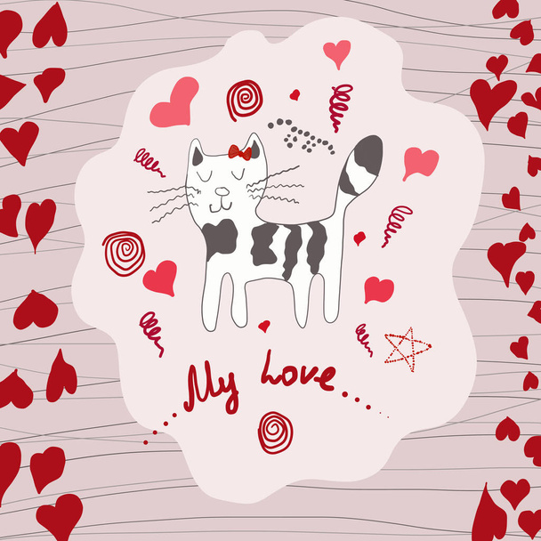 Greeting card with funny cat and hearts. - Vektor, obrázek