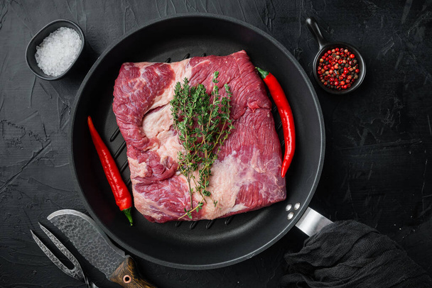 Raw Beef belly, beef brisket meat set, on black stone background, top view flat lay - Photo, Image