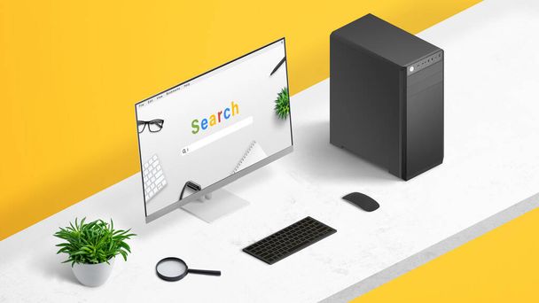Online search concept with browser and search engine on computer display. Isometric position work desk with yellow background - Fotografie, Obrázek