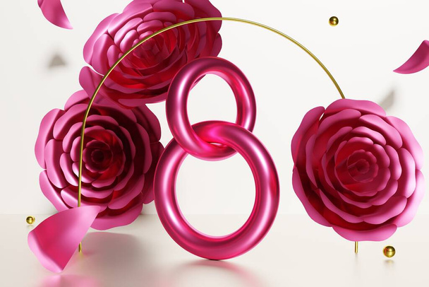 3d renderizado de anillos entrelazados de color rosa en forma de un ocho con flores y pétalos voladores sobre fondo beige - Foto, imagen