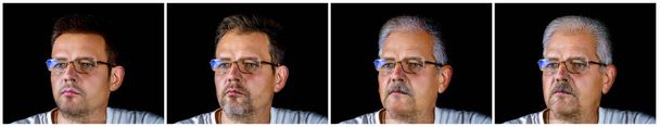 Egy portré egy különböző korú szemüveges férfiról. Emberi öregedési folyamat. Ősz haj. Szakáll és bajusz. Szemüveg a látásért. Egy férfi portréja. Egy ember különböző életkora. Arcráncok. - Fotó, kép