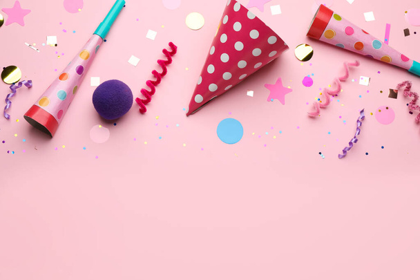 Flat lay composition with party items on pink background, space for text - Foto, immagini