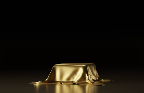 Un piedistallo vuoto coperto con un panno d'oro. Illustrazione rendering 3D. - Foto, immagini