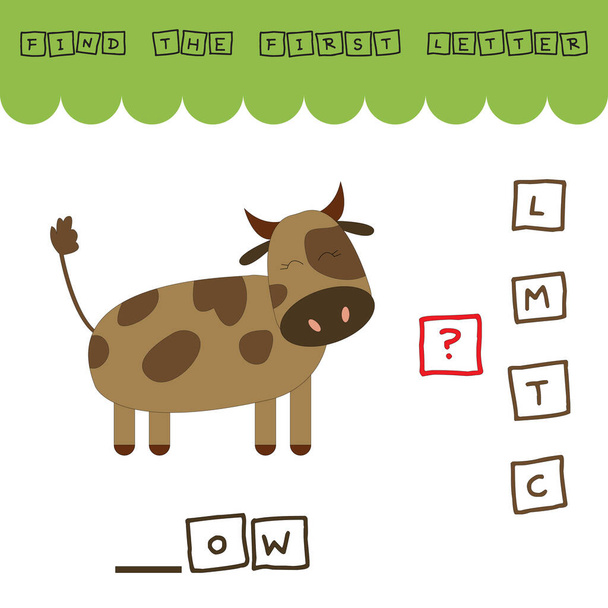 find the first letter of the word cow and connect. Educational game for children - Foto, Imagem