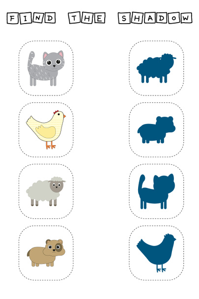 Find a shadow  pets. Match  cat sheep, chicken, hamster with correct shadow Preschool worksheet, kids activity worksheet, printable workshee - Foto, afbeelding