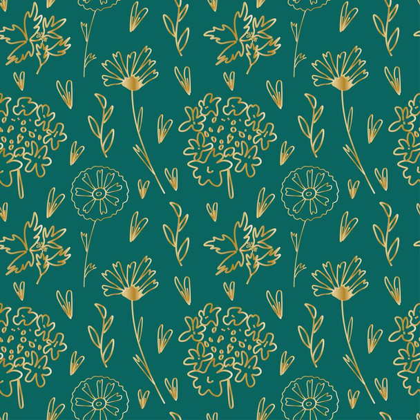 Seamless Minimalistic Floral pattern with golden line on trendy green background.Vector,festive,repeating hand drawn print.Designs for textile, fabric, wrapping paper, packaging, scrapbook paper. - Vektor, obrázek