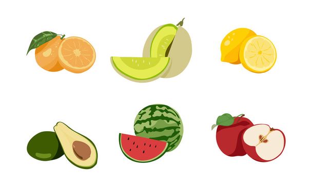オレンジ、メロン、レモン、アボカド、スイカ、アップル。熱帯フルーツイラスト集がベクターデザインでセットされています。健康的でジューシーで甘い食べ物です。白い背景に隔離されたカラフルなフルーツアニメーション. - ベクター画像