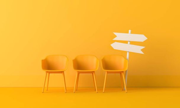 Office chair with blank direction sign post arrow. Career change and development concept. 3D Rendering - Фото, изображение