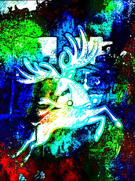 Holiday reindeer. Digital illustration of a cute reindeer rushing through a night mysterious colorful landscape.  - Fotó, kép