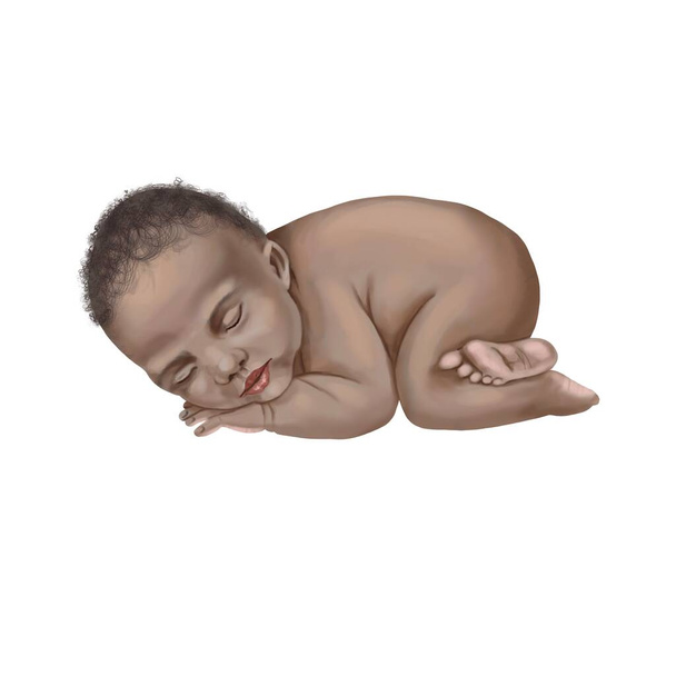 Afrika kökenli Amerikalı bebek uyuyor. Yeni doğmuş bir bebeğin suluboya çizimi. - Fotoğraf, Görsel