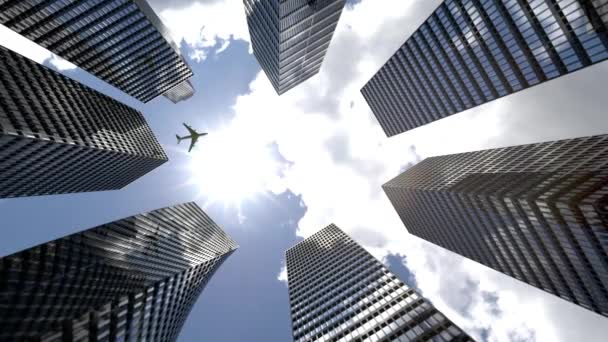 Elevado edifício arranha-céus cidade do futuro e avião. Conceito de negócios e viagens de arquitetura tecnológica da indústria. Renderização 3d - Filmagem, Vídeo