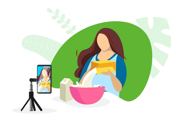 Video blogger making cooking meal content. Woman cook preparing food in kitchen online streaming. Homemade bakery live stream tutorial. Culinary influencer broadcast vlogger channel illustration - Διάνυσμα, εικόνα