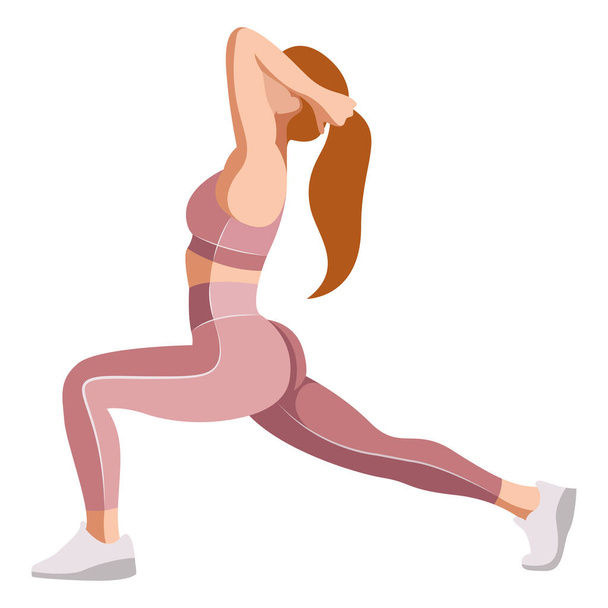 vector illustration of a girl in a sports uniform (leggings and a sports bra) is engaged in yoga, fitness, sports, exercises isolated on a white background. useful for fitness centers, yoga sections - Vector, Image