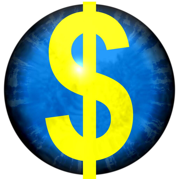 Bright yellow dollar sign on open human blue eye.  Financial sign - Foto, afbeelding