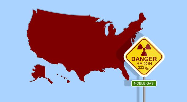 Alert signal, danger. RADON, is a contaminant that affects indoor air quality worldwide. Illustration with reference to background radiation. Radioactive, colorless and tasteless noble gas. USA map. - Photo, Image