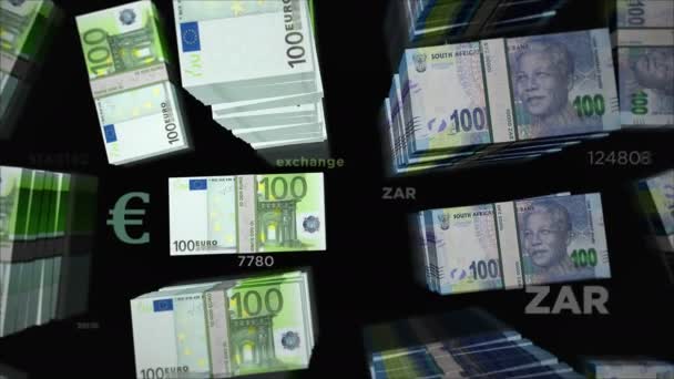 Euro és Dél-Afrika Rand pénzváltás. Papírbankjegyek csomagja. A kereskedelem, a gazdaság, a verseny, a válság, a bankok és a pénzügyek fogalma. Megjegyzések hurkolható zökkenőmentes 3D animáció. - Felvétel, videó