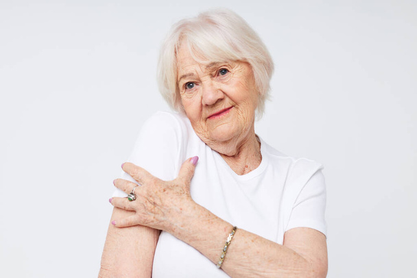 Photo of retired old lady smile hand gesture isolated background - Foto, Imagem