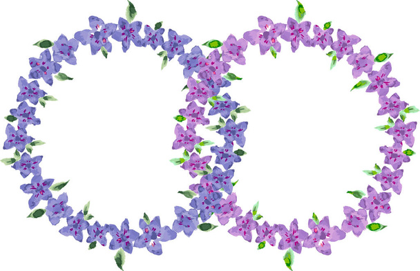 Coronas florales decorativas de acuarela flores abstractas lila y rosa y hojas verdes - Vector, Imagen