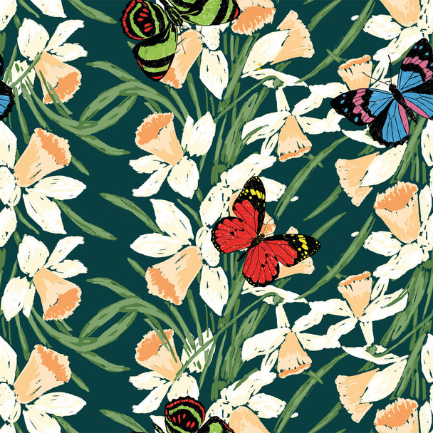 Seamless background of drawn spring daffodils and colorful flying butterflies - Vector, imagen