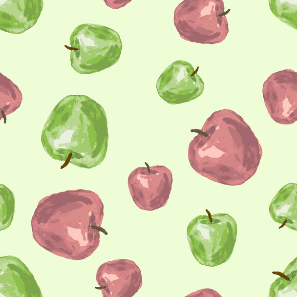 Seamless background of watercolor drawings of ripe red and green apples - Vector, Image