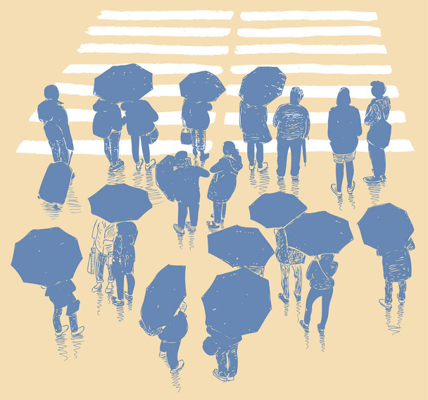 Vector drawing of silhouettes citizens under umbrellas standing in wait for pedestrian zebra crosswalk - Vektori, kuva